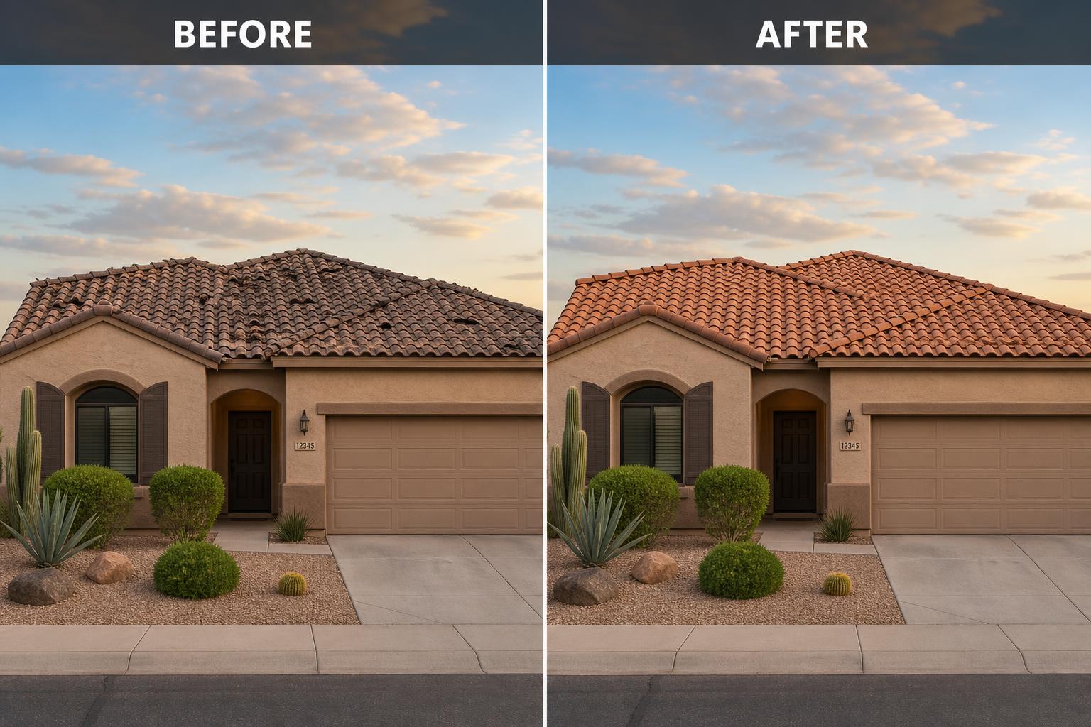 Same Phoenix home shown before and after a full re-roof by a partner contractor